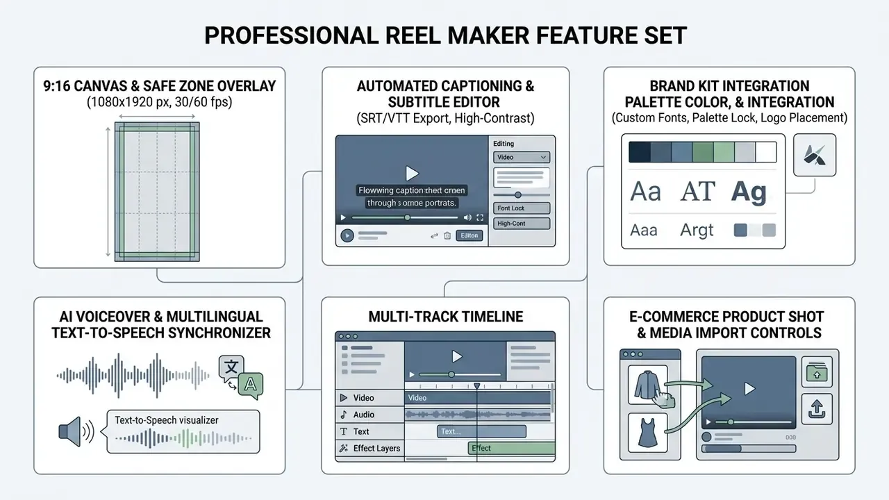 Grid of six boxes detailing video editing tools like canvas overlays, captioning, and brand customization