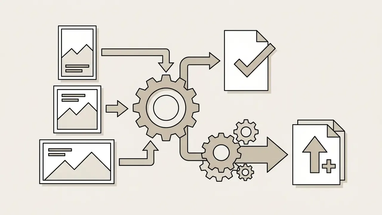 Gear icons processing image aspect ratios into verified output files with an upscaling export option