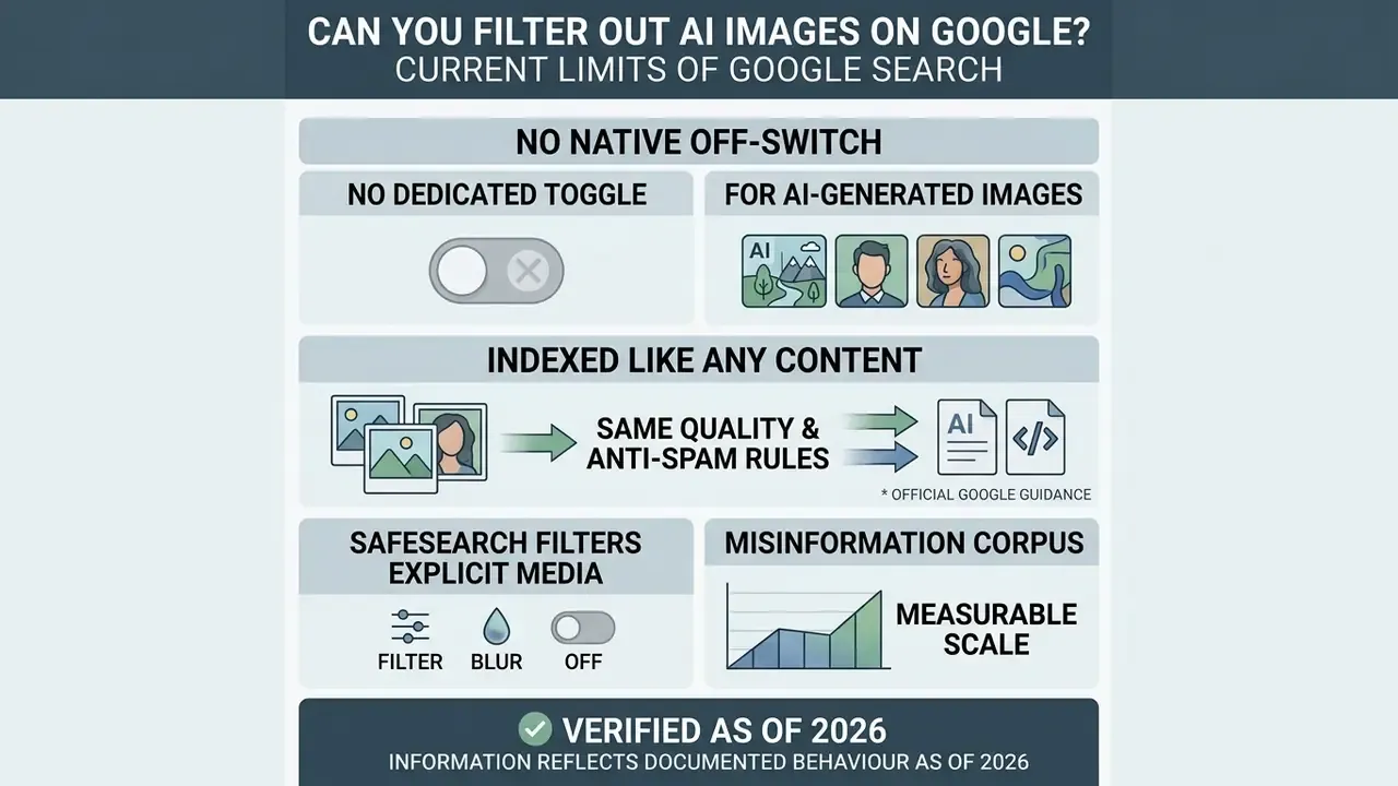 Infographic showing that Google Search lacks a native toggle to filter out AI-generated images