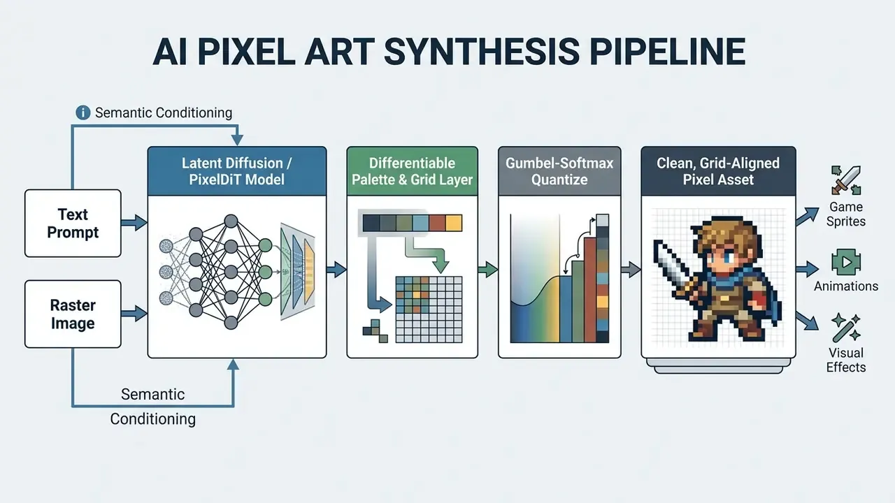 Flowchart showing how text prompts and images transform into grid-aligned pixel art assets via AI