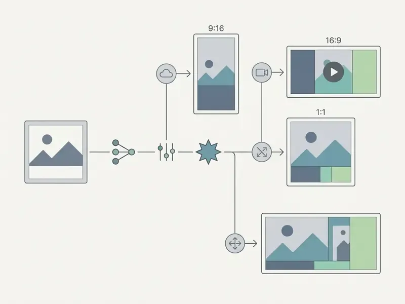 Single source image branching into multiple social media formats through processing and adjustment icons