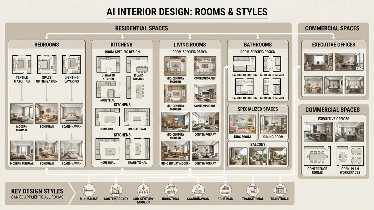 Categorized chart displaying various residential and commercial room layouts alongside design styles