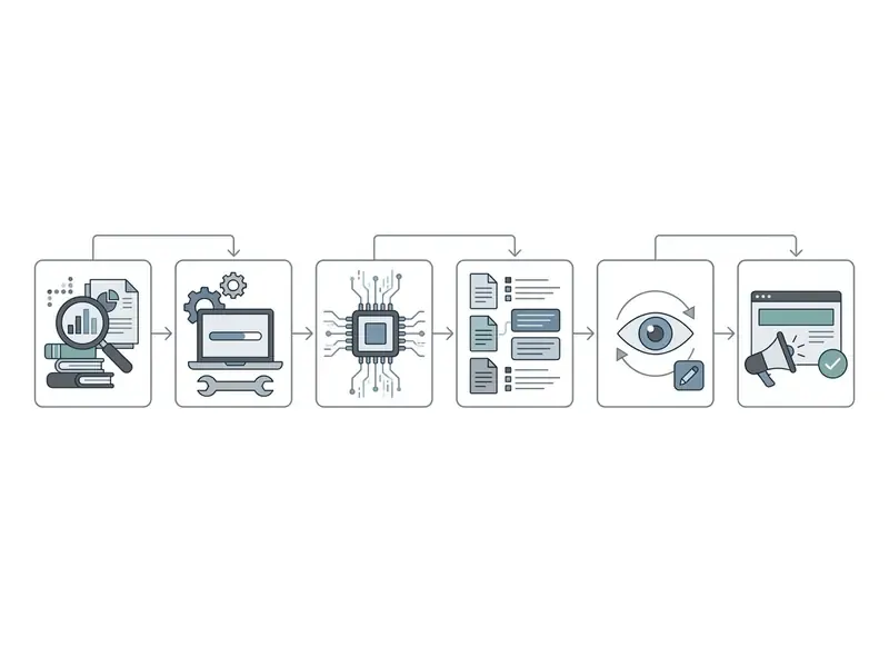 Six sequential steps showing data analysis, processing, and content refinement in an AI title generator