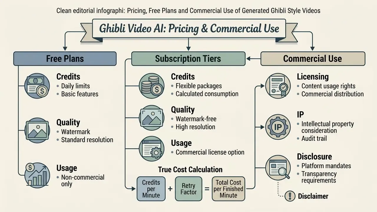 Comparison of free plans, subscription tiers, and commercial use for Ghibli style video generation