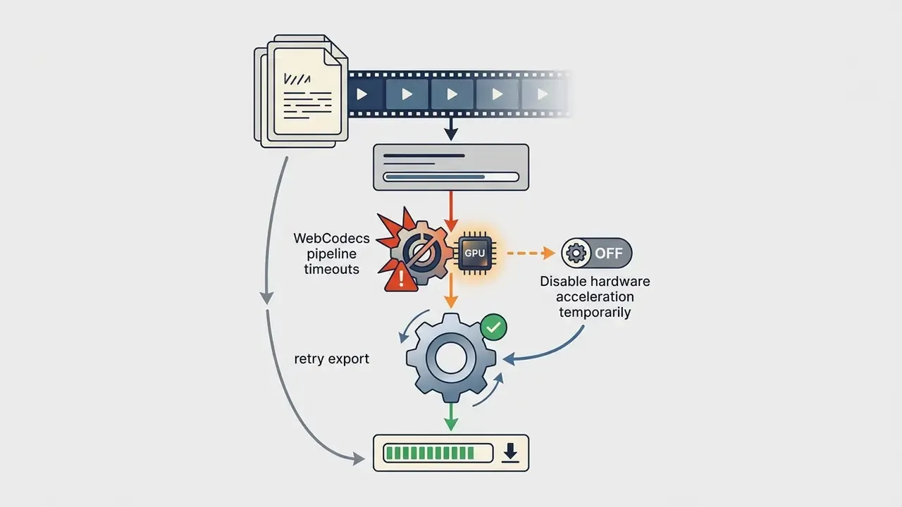 Flowchart showing a GPU error triggering a hardware acceleration toggle to resume a video export process