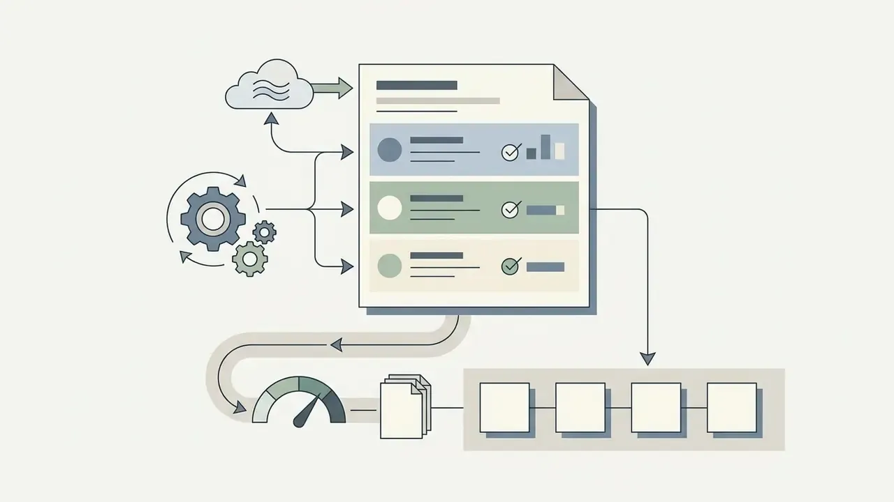 Cloud and mechanical icons processing data into a document list that feeds into a performance gauge and sequence