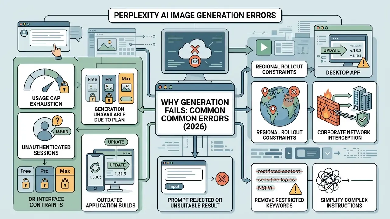 Diagram mapping common reasons for Perplexity AI image generation failures including usage and network issues
