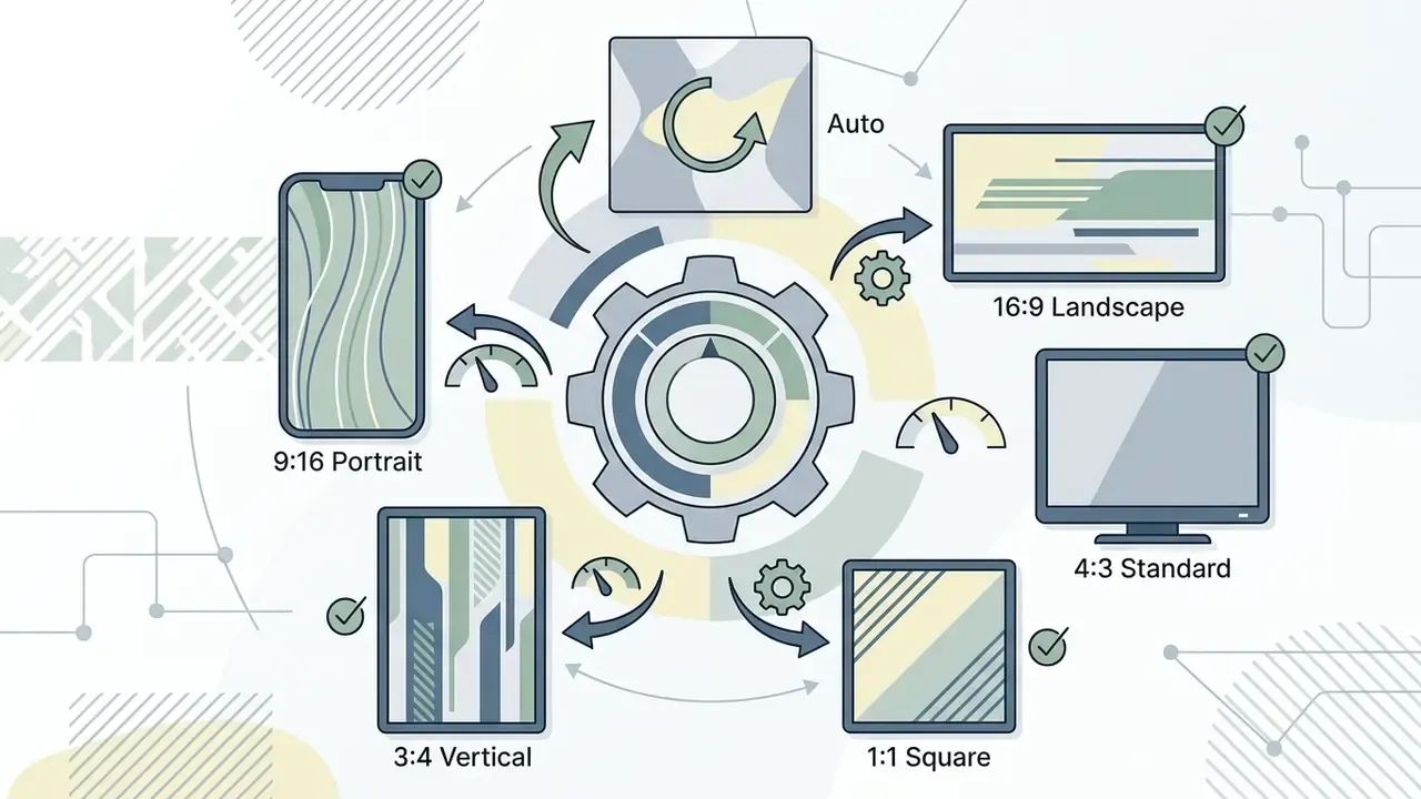 Central gear icon surrounded by various aspect ratio display options connected by circular arrows