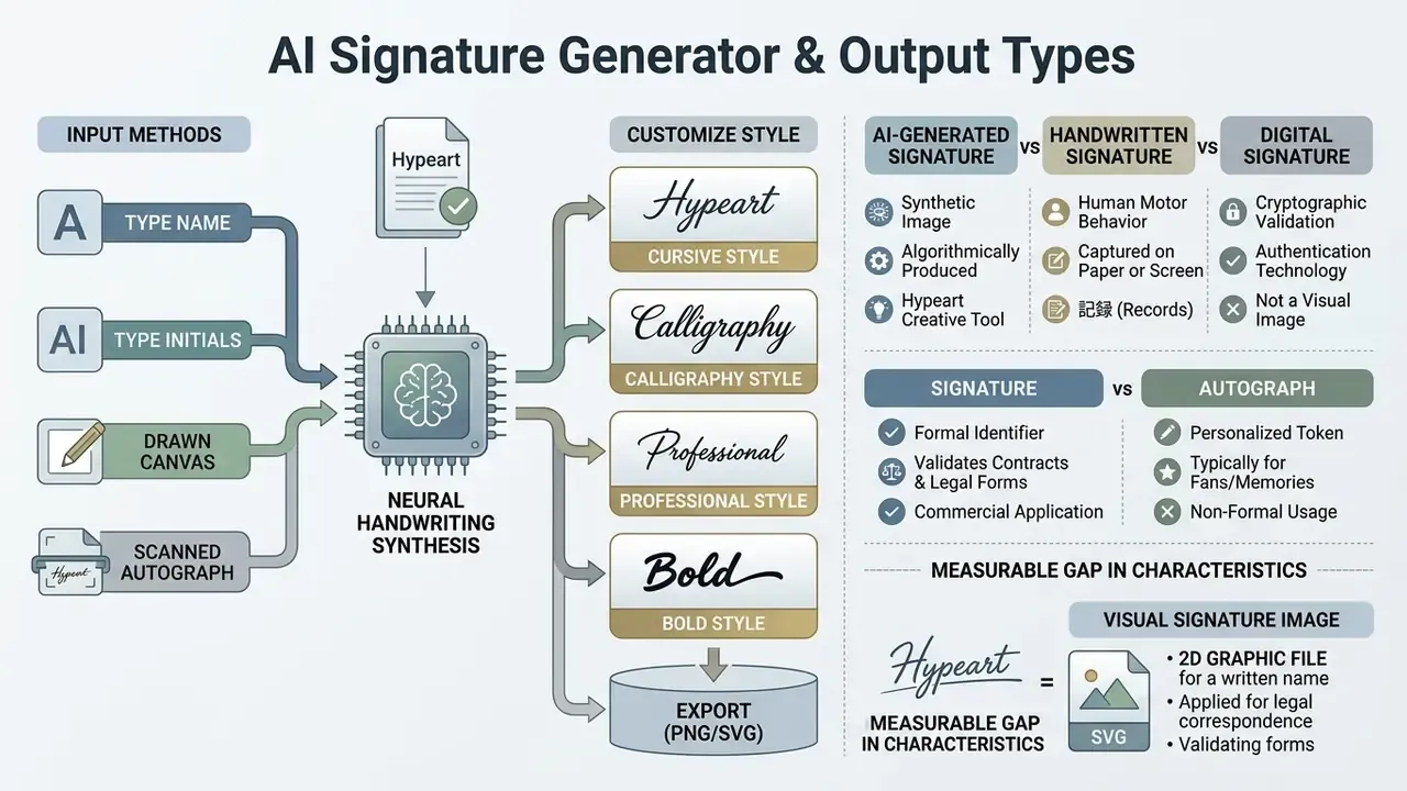 Flowchart detailing how an AI signature generator processes inputs into various stylized output formats