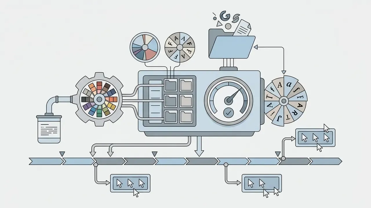 Central processor organizing color palettes and typography into a timeline for design consistency