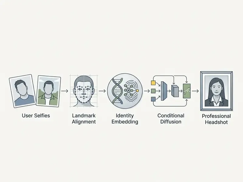 Flowchart showing the technical steps from user selfies to a finished professional headshot