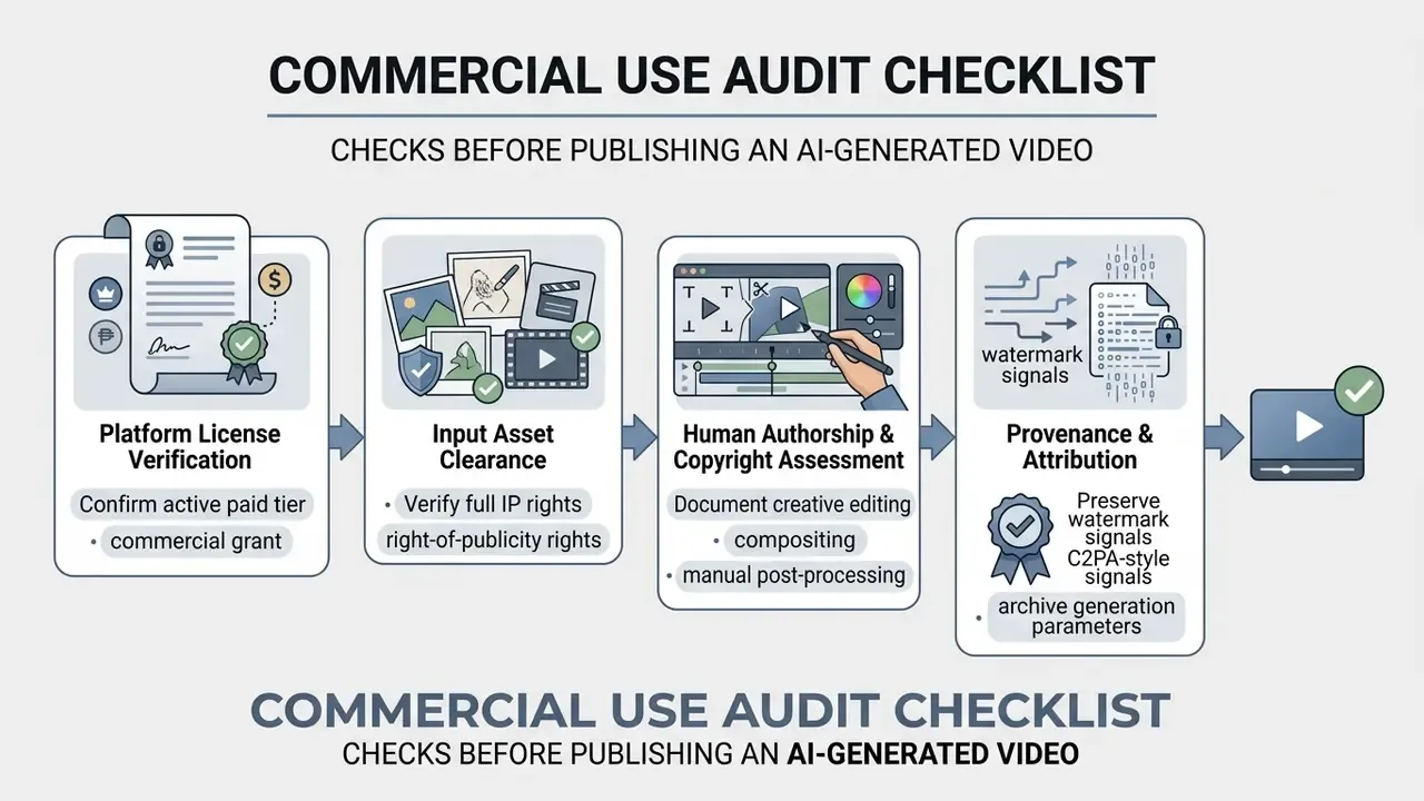Four-step sequential workflow for verifying commercial rights and provenance of AI-generated video content