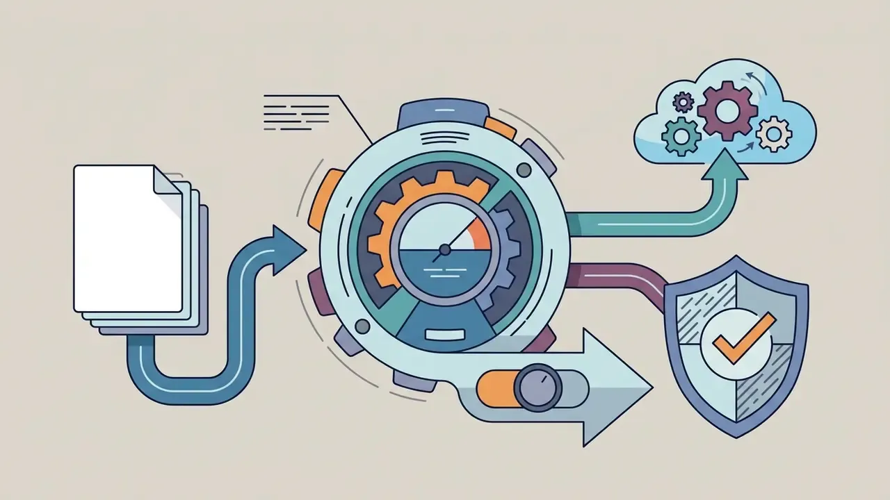 Documents flowing into a central gear mechanism that routes data to cloud processing or a security shield