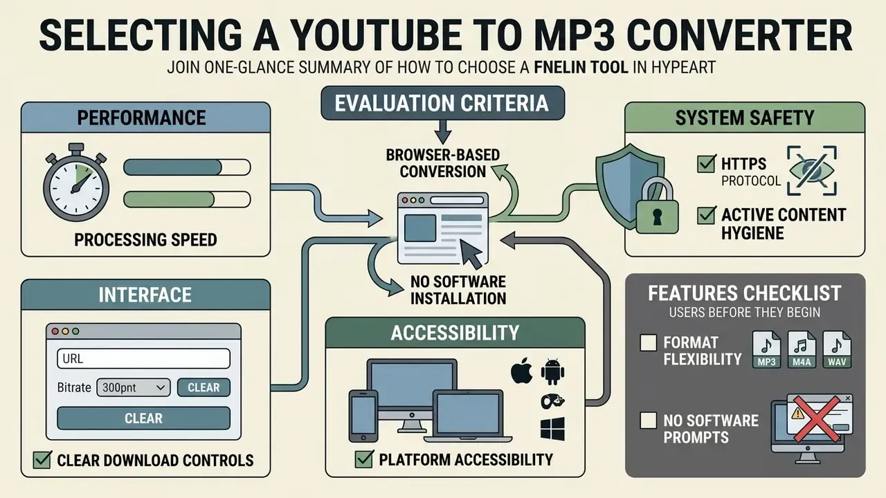 Flowchart outlining key criteria for evaluating an online YouTube to MP3 converter tool