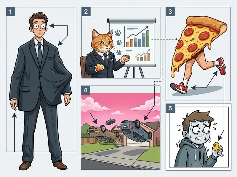 Numbered panels displaying goofy ahh AI images including a man in a suit, a cat presenter, and flying cars