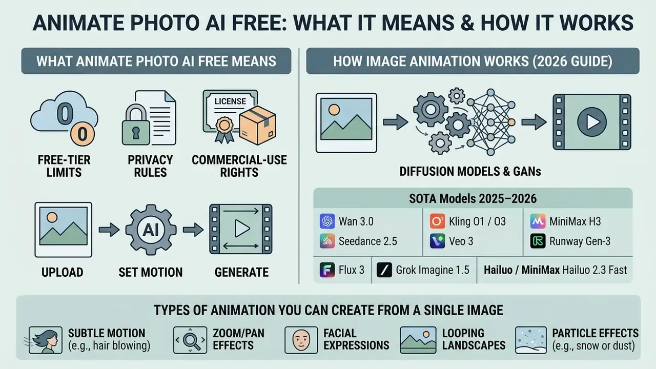 Infographic explaining how animate photo AI free tools convert static images into dynamic video content