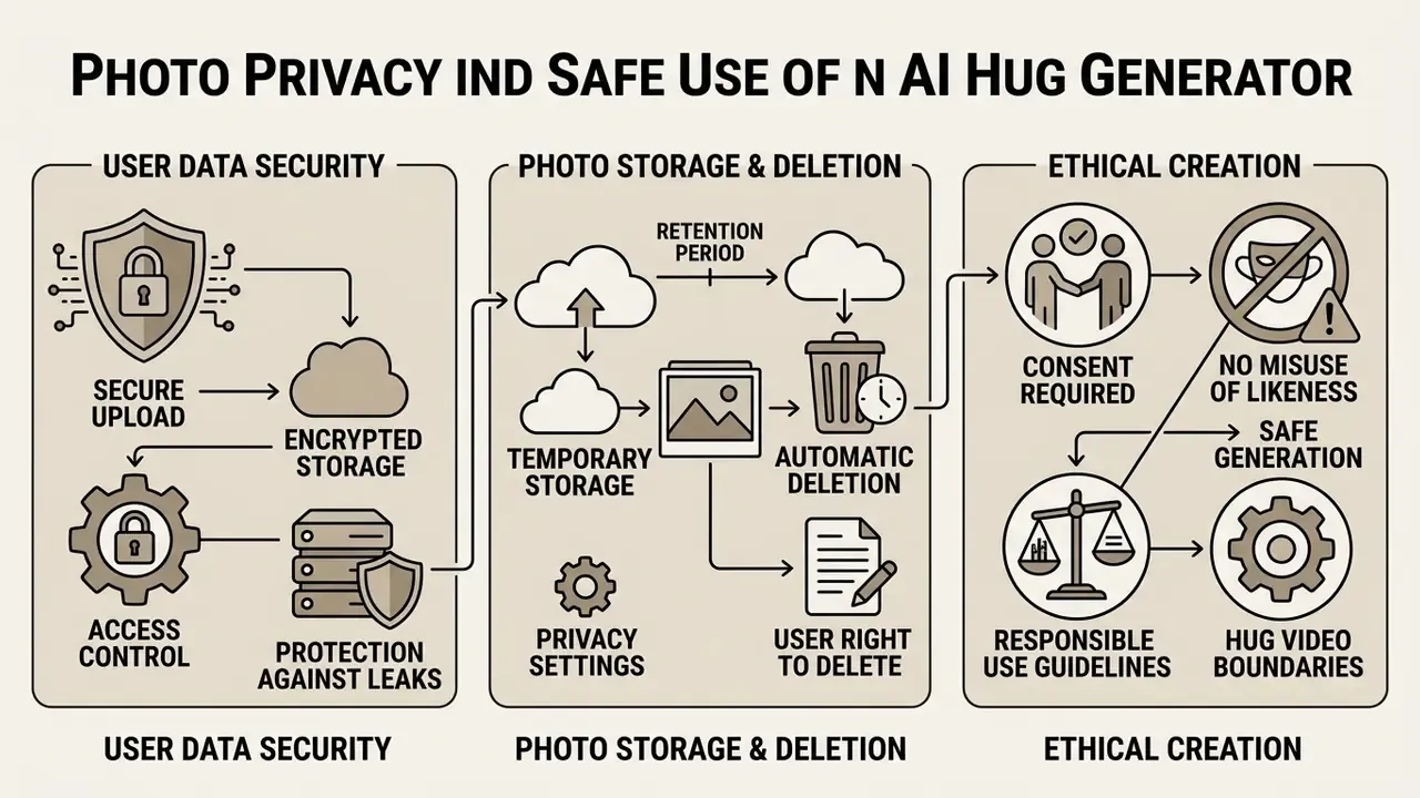 Three-part guide detailing user data security, photo storage policies, and ethical standards for video creation