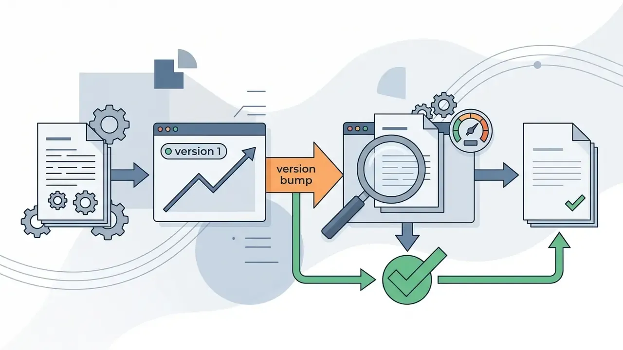 Gear-driven documents moving through a version upgrade process with magnifying glass inspection and approval