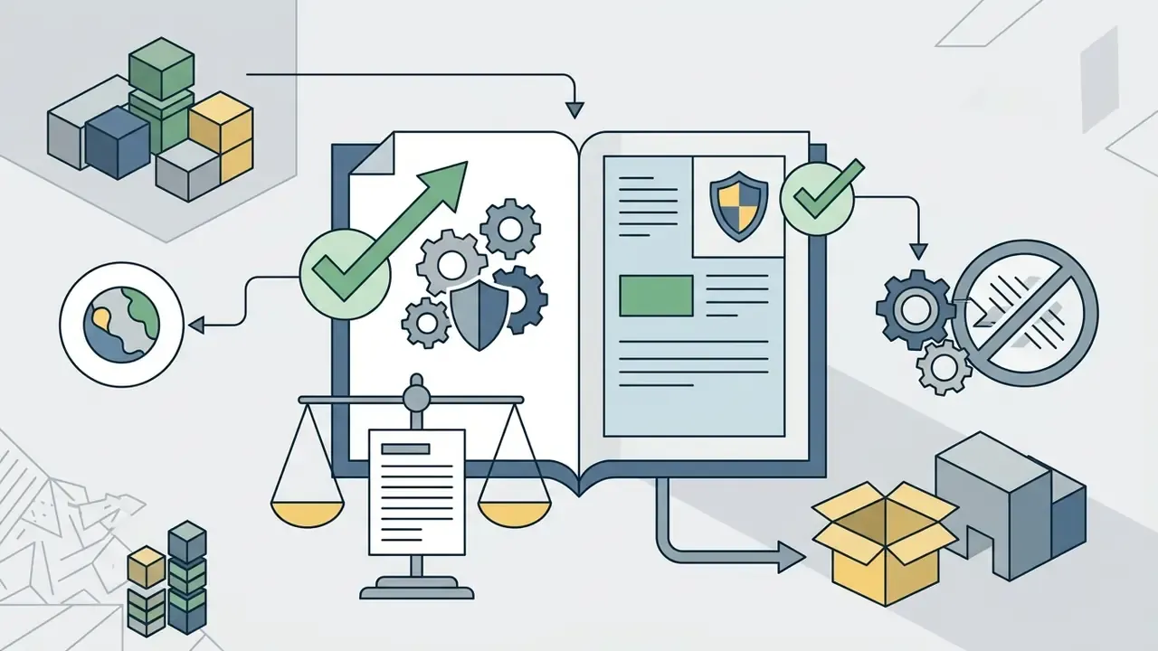 Open book with gears and scales representing legal compliance and public domain status for digital assets