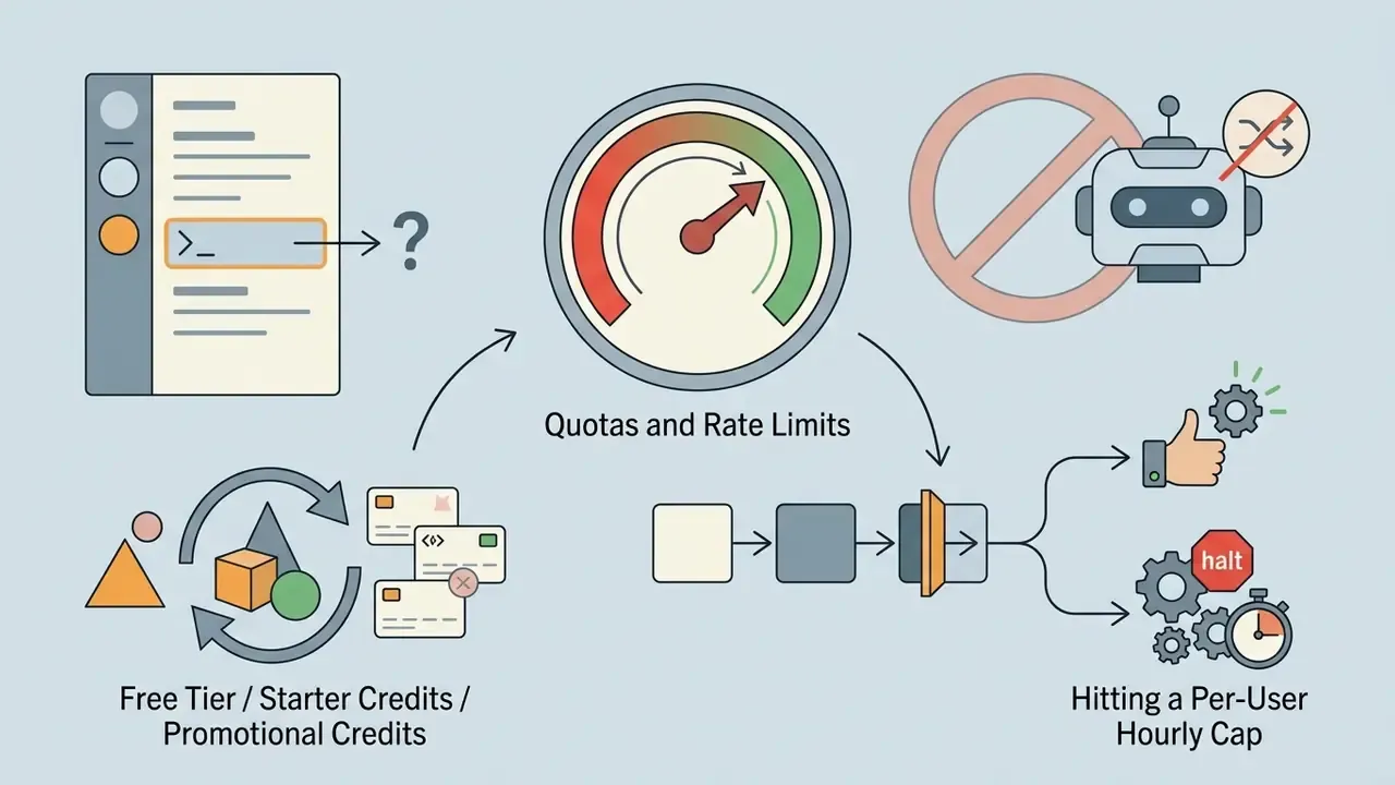 Gauge displaying rate limits alongside icons for credit balances and blocked bot requests