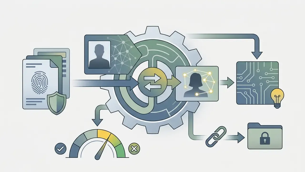 Central gear mechanism processing identity data into digital portraits with verification and storage icons