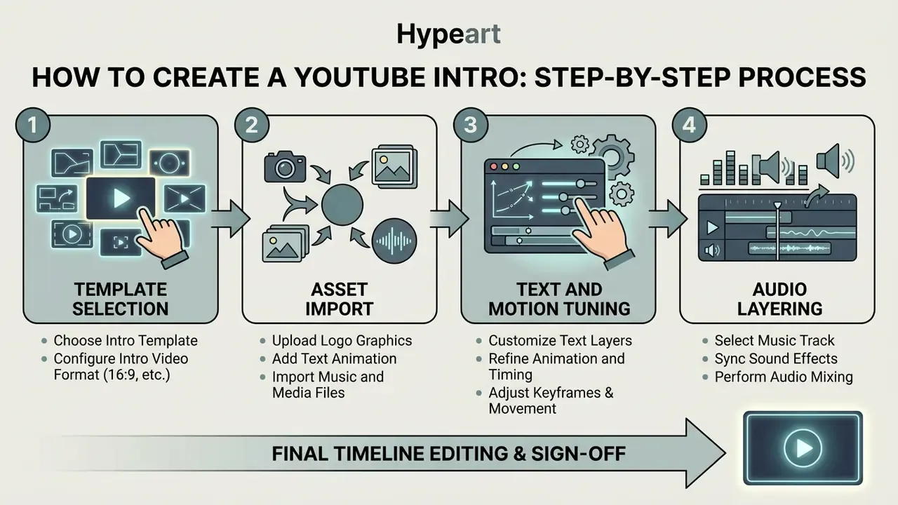 Four sequential steps for video production showing template selection, asset import, tuning, and audio layering