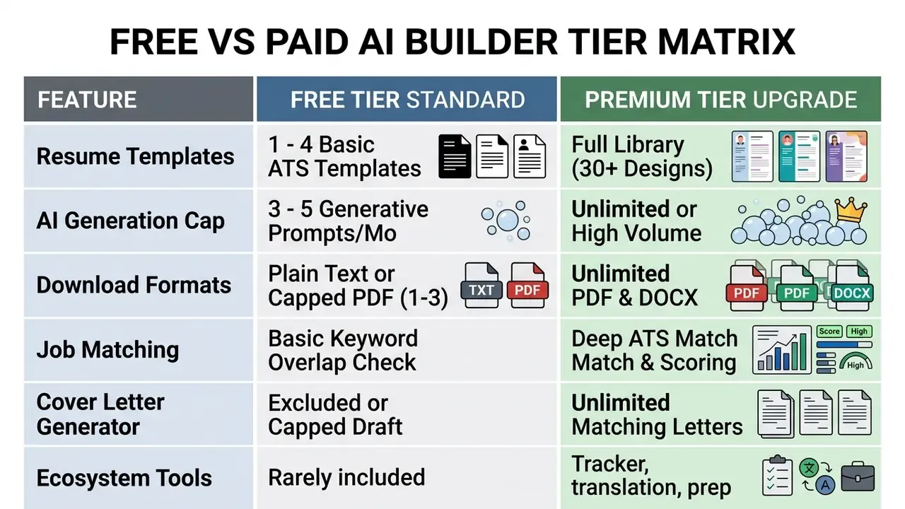 Comparison table contrasting feature sets between free and premium career document building tiers