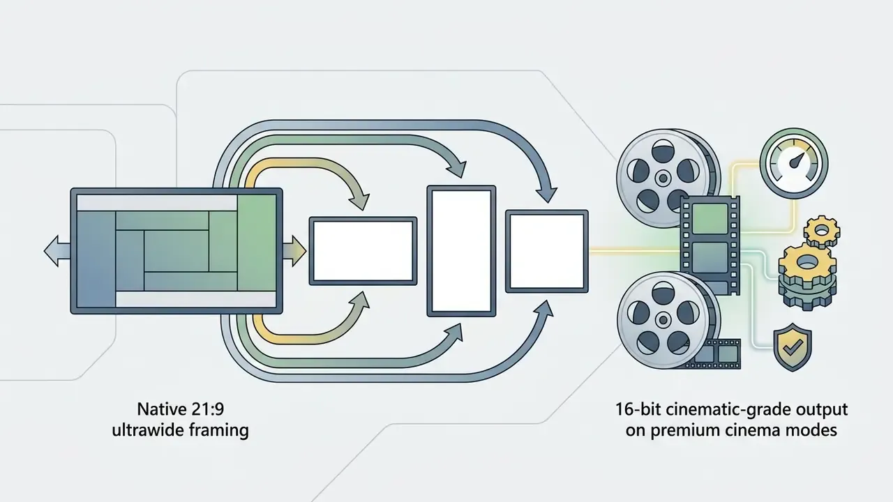 Flow showing aspect ratio conversion from ultrawide framing to various formats with cinematic output icons