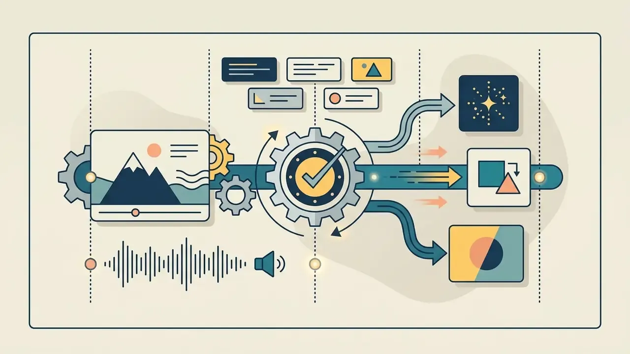 Central gear mechanism processing visual and audio media elements into final formatted outputs