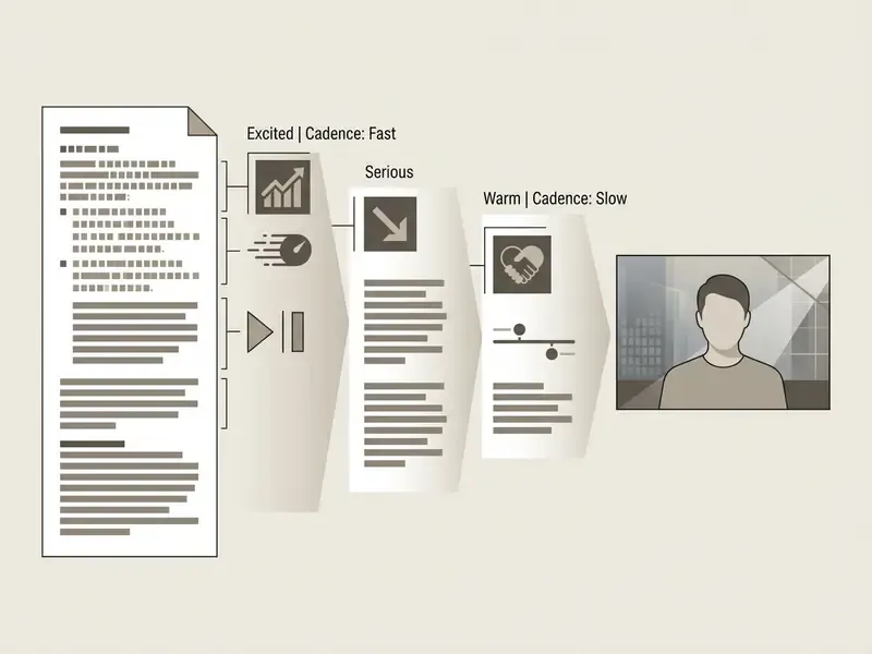 Diagram showing script blocks mapped to specific emotional expressions and pacing for a digital presenter