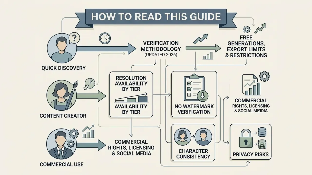 Flowchart connecting three reader profiles to key topics like resolution tiers and watermark verification
