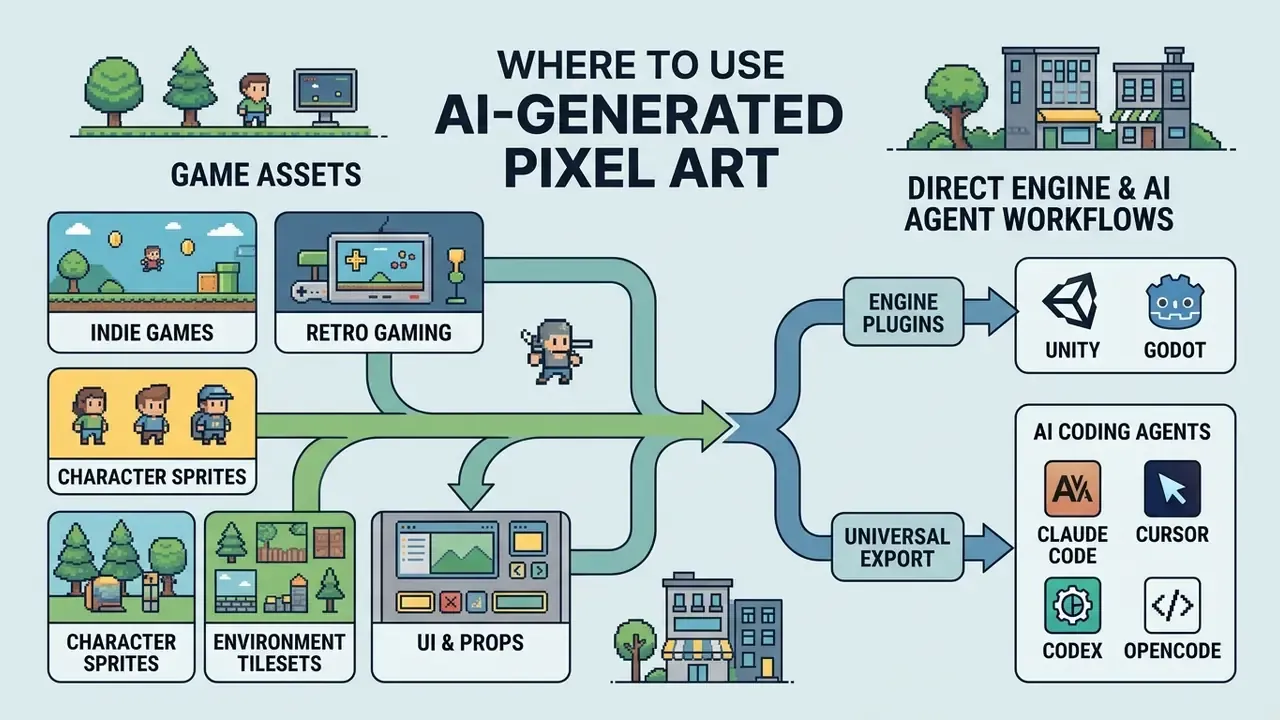 Flowchart showing how pixel assets integrate into game development and AI coding agent workflows