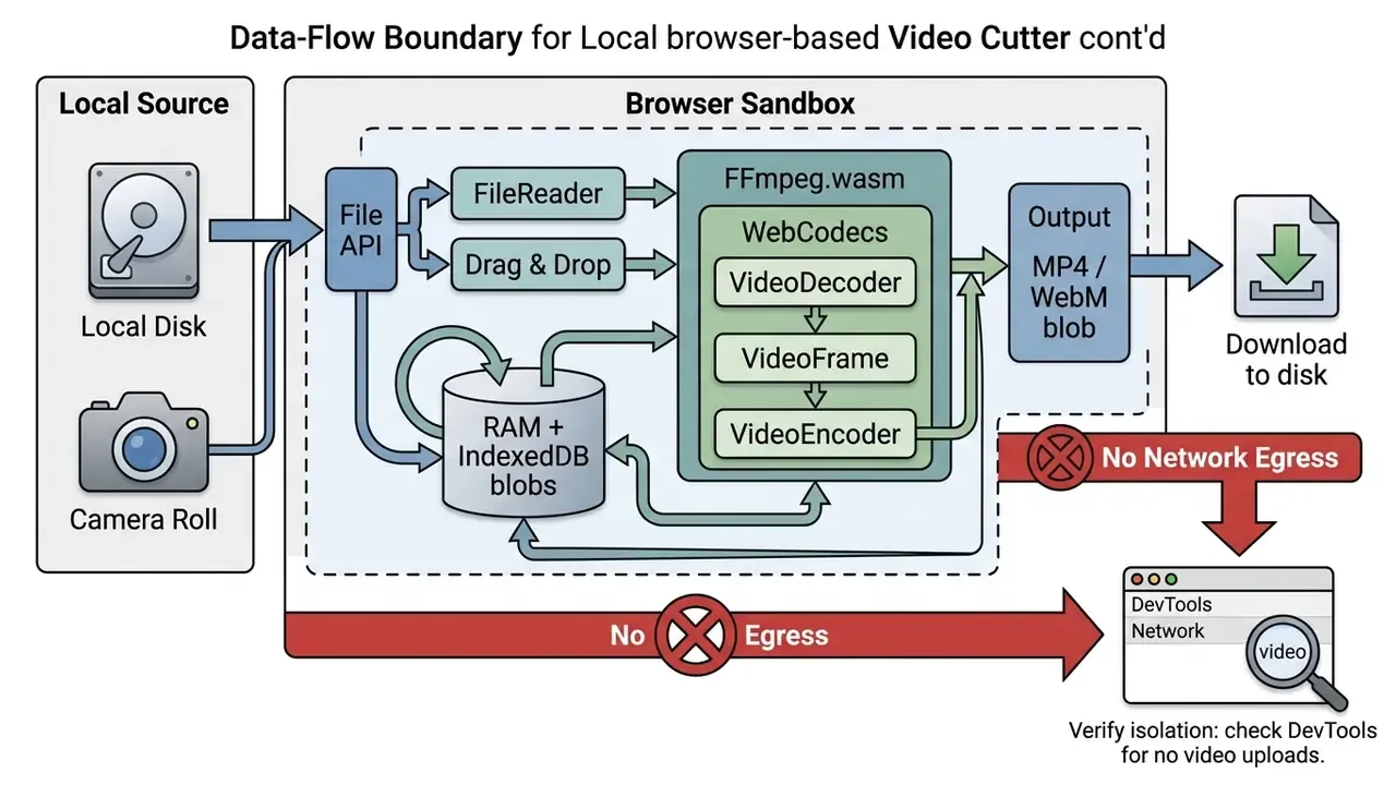 Flowchart showing local video file processing within a browser sandbox without network egress