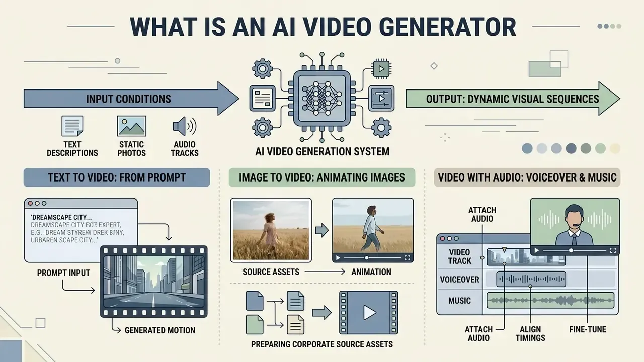 Infographic showing how an AI video generator processes text, images, and audio into dynamic sequences