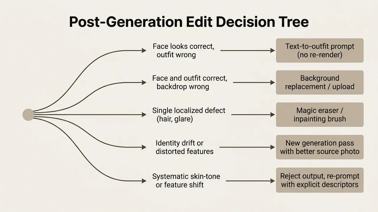 Decision tree diagram mapping common AI image editing issues to specific corrective actions