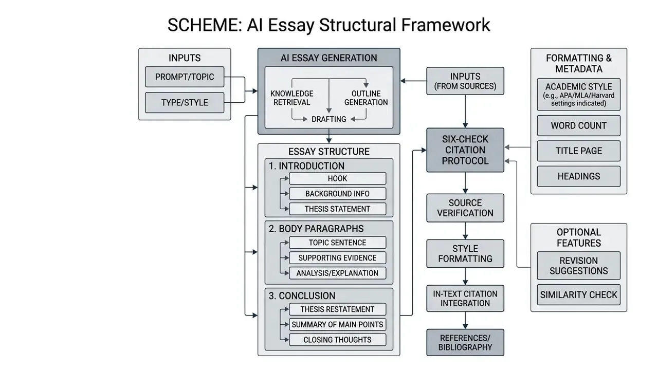 Flowchart detailing the stages of an AI essay generator from initial input to final citation formatting