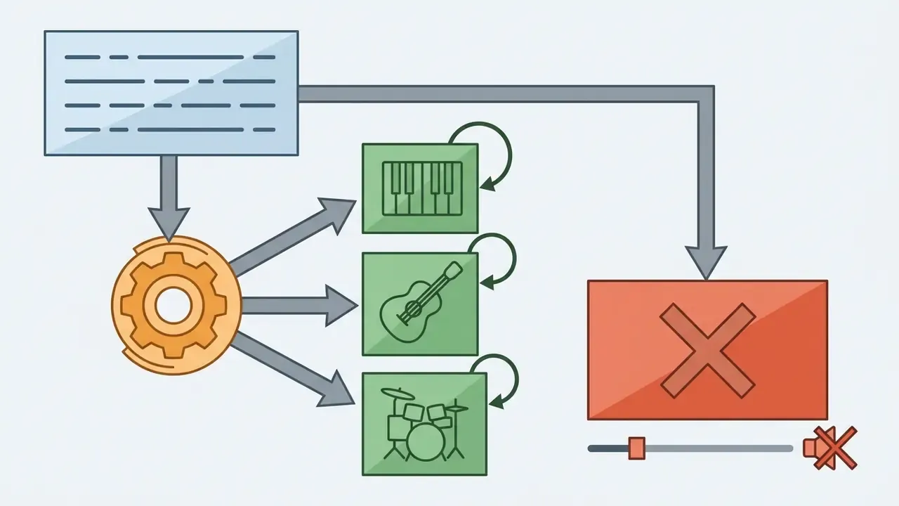 Data block feeding a gear mechanism that outputs to musical instrument icons while blocking video output