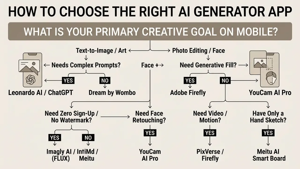 Decision tree flowchart helping users select the best AI art generator app based on creative goals