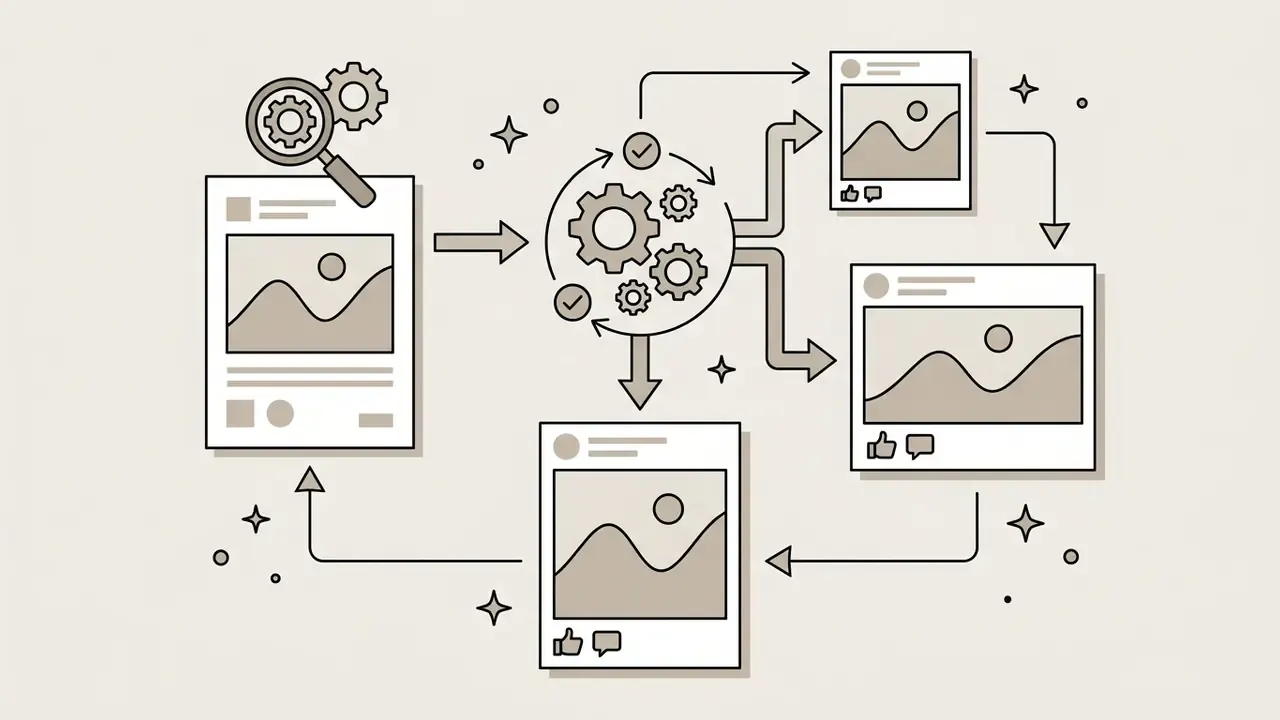 Diagram showing raw images processed through a central gear hub into various social media post formats