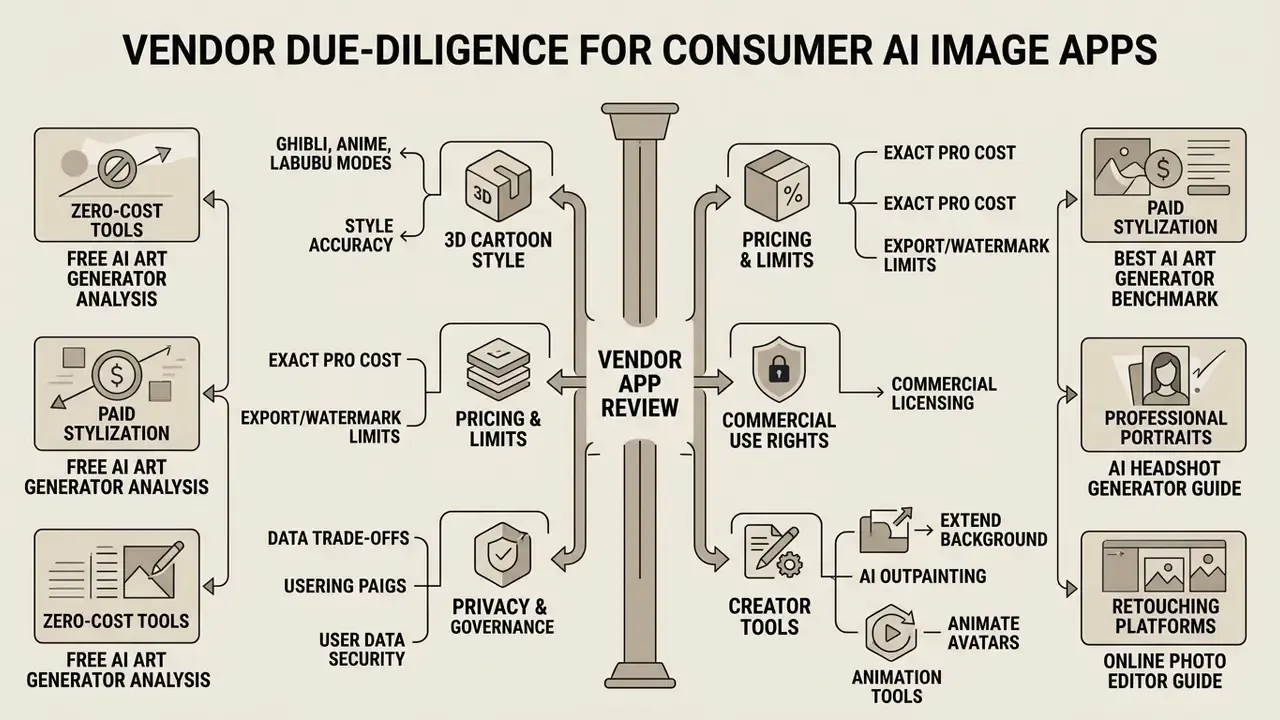 Central pillar diagram connecting app review categories like pricing, privacy, and creative tool features