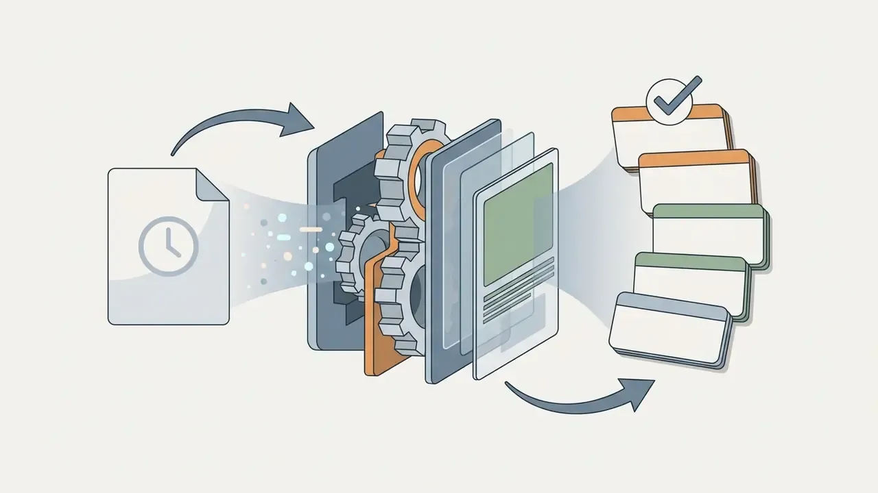 Transcript document moving through a gear mechanism to be converted into a set of study flashcards