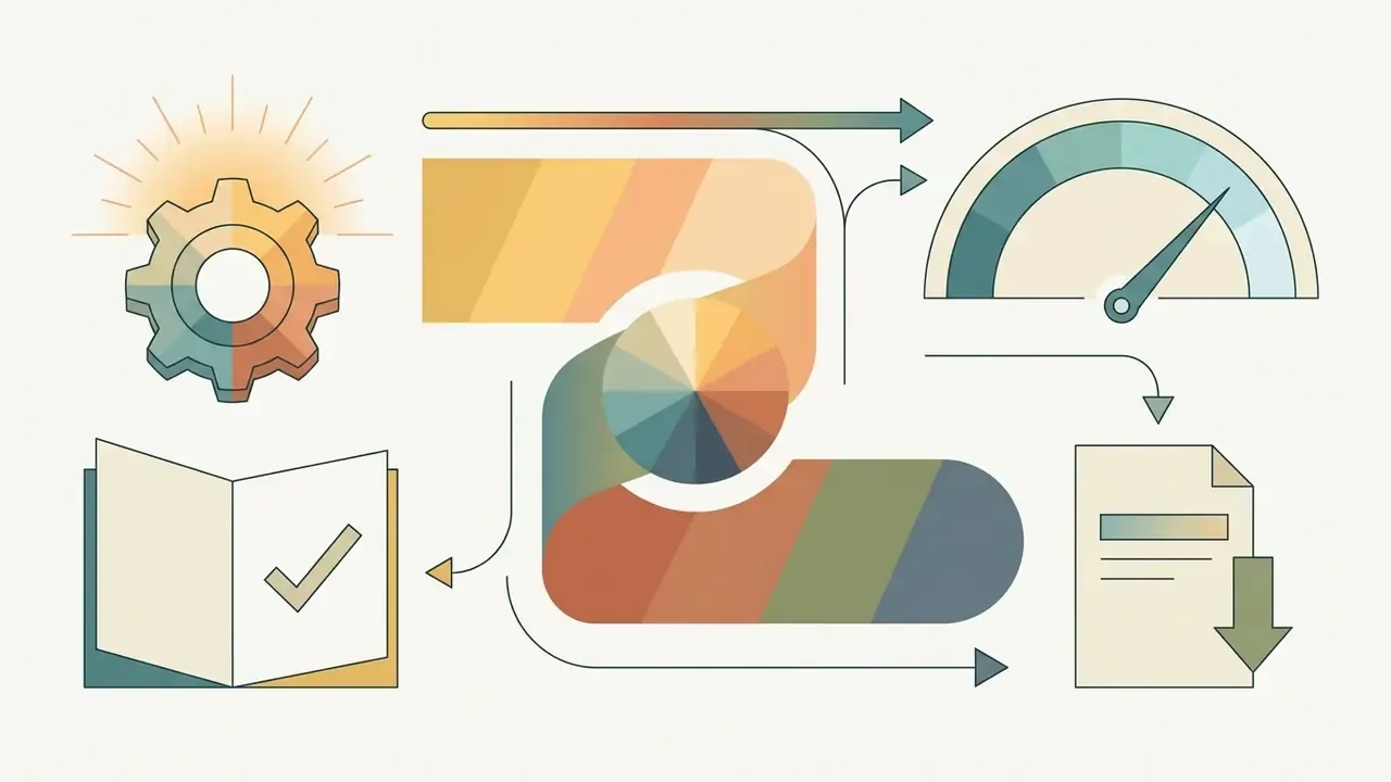 Gear, color wheel, and speed gauge icons connected by arrows to a document indicating lighting and color flow