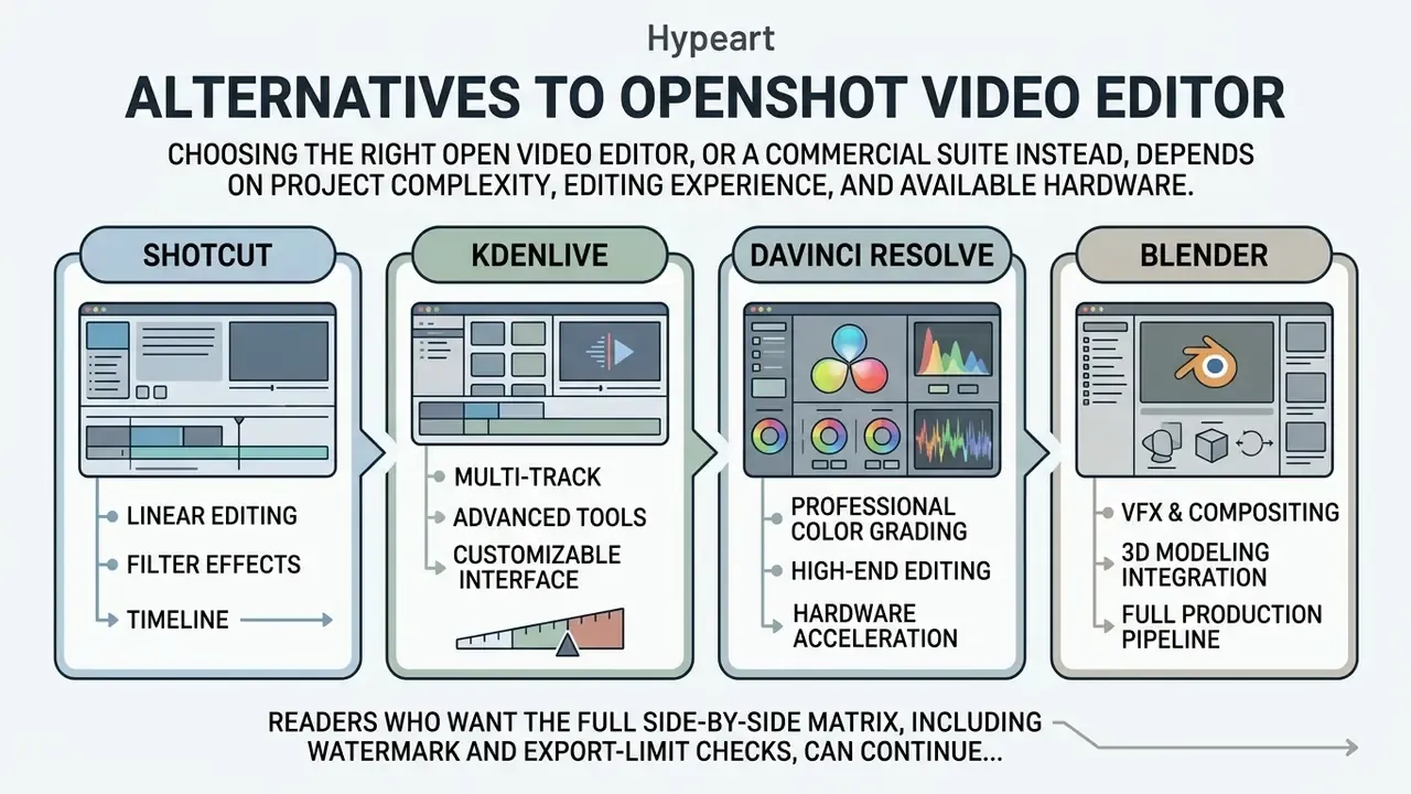 Comparison of Shotcut, Kdenlive, DaVinci Resolve, and Blender with key features and interface previews