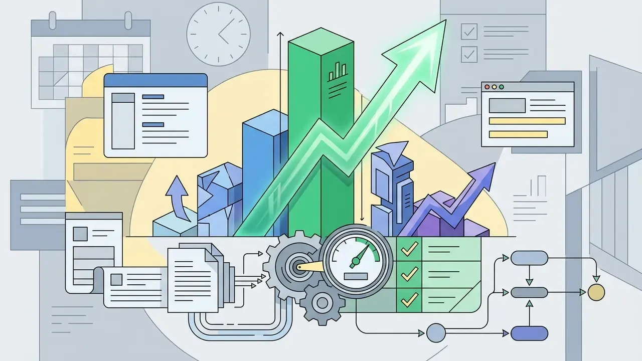 Rising bar charts and arrows overlaid on mechanical gears, a gauge, and a task list with checkmarks