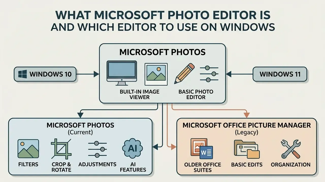 Flowchart comparing modern Microsoft Photos features with legacy Microsoft Office Picture Manager tools