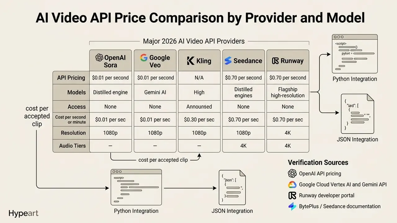 Table comparing 2026 AI Video API pricing models across providers including OpenAI, Google, and Runway