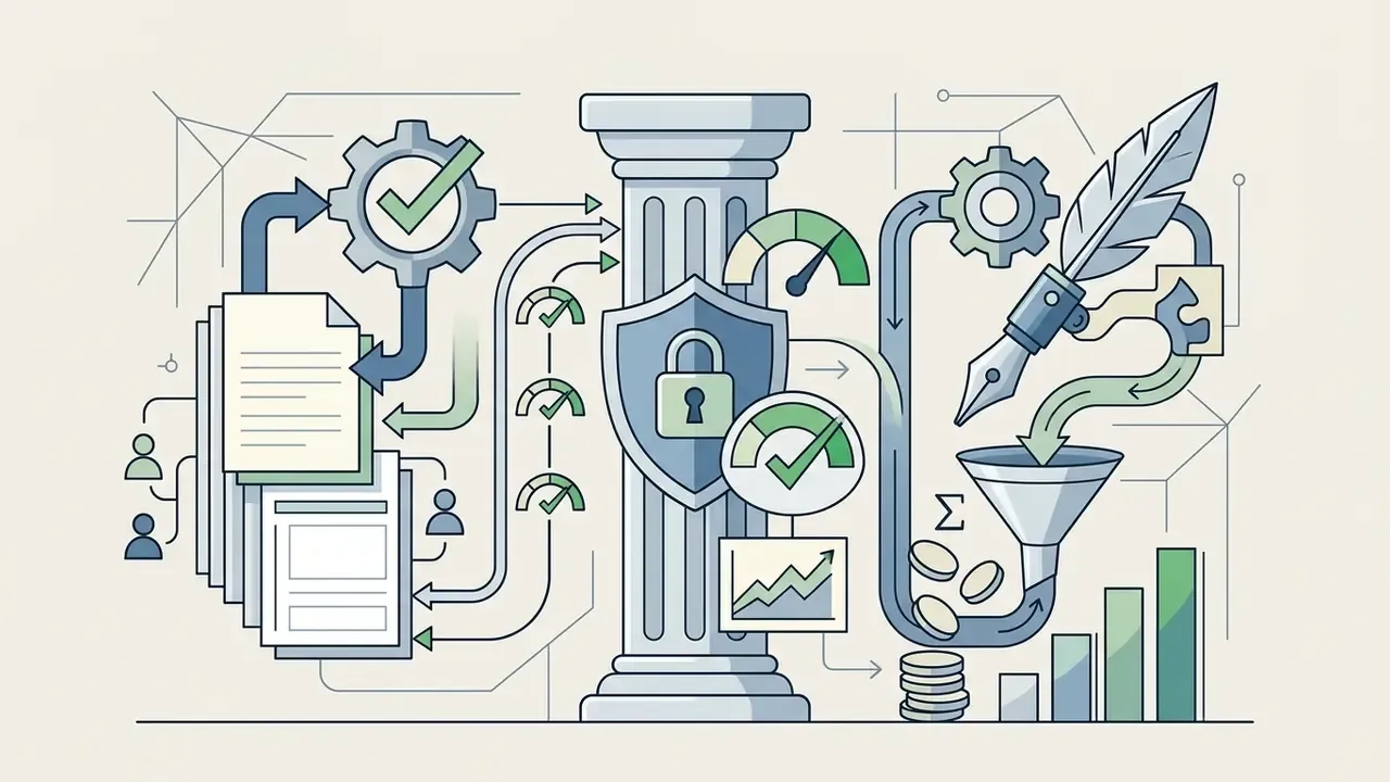 Documents and a quill pen passing through a central pillar with a shield and gauges to create bar charts
