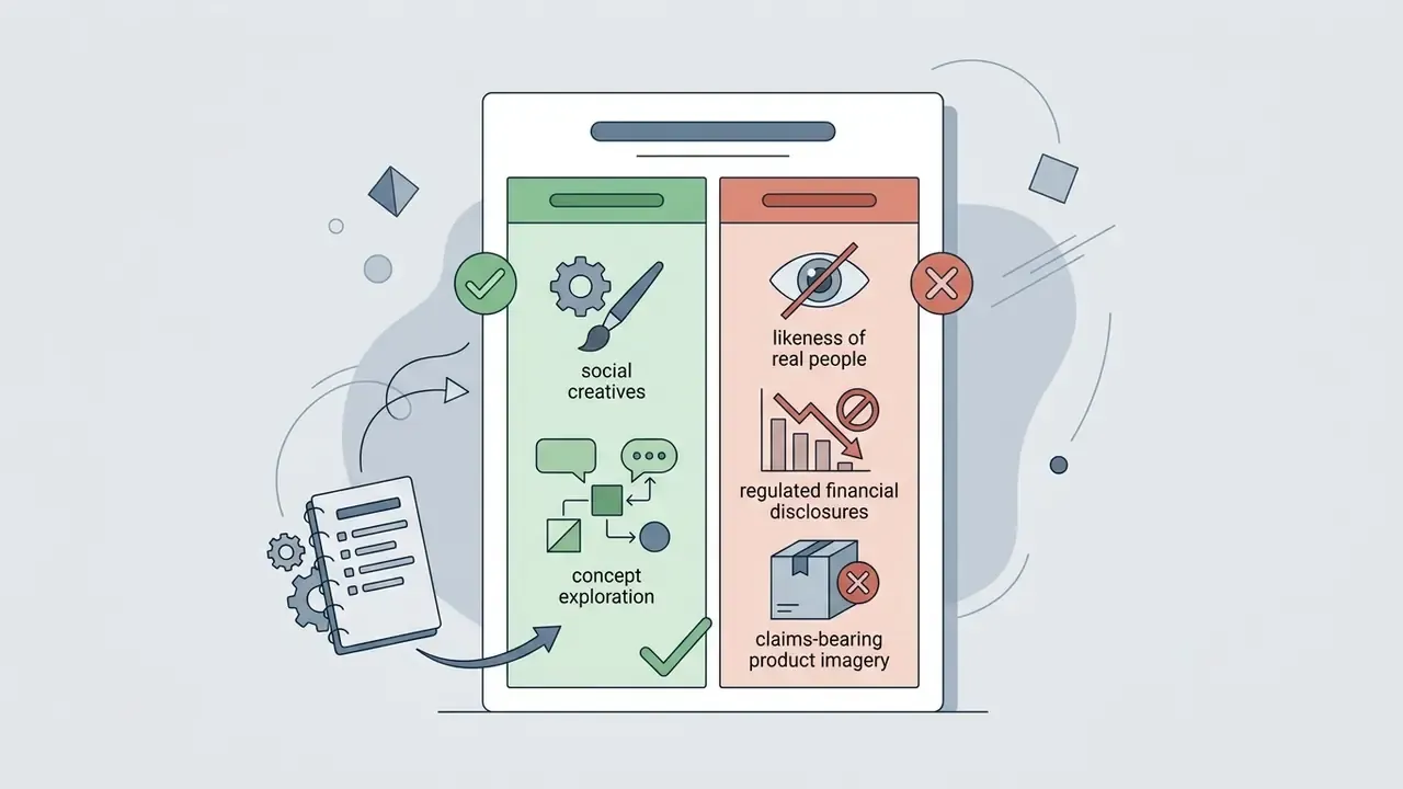 Split panel comparing approved creative tasks with prohibited uses for generative media tools