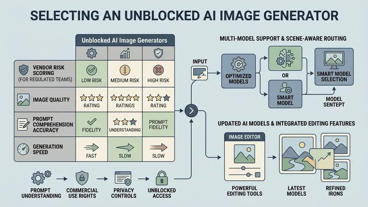 Comparison grid for evaluating AI image tools alongside a workflow diagram for model selection and editing