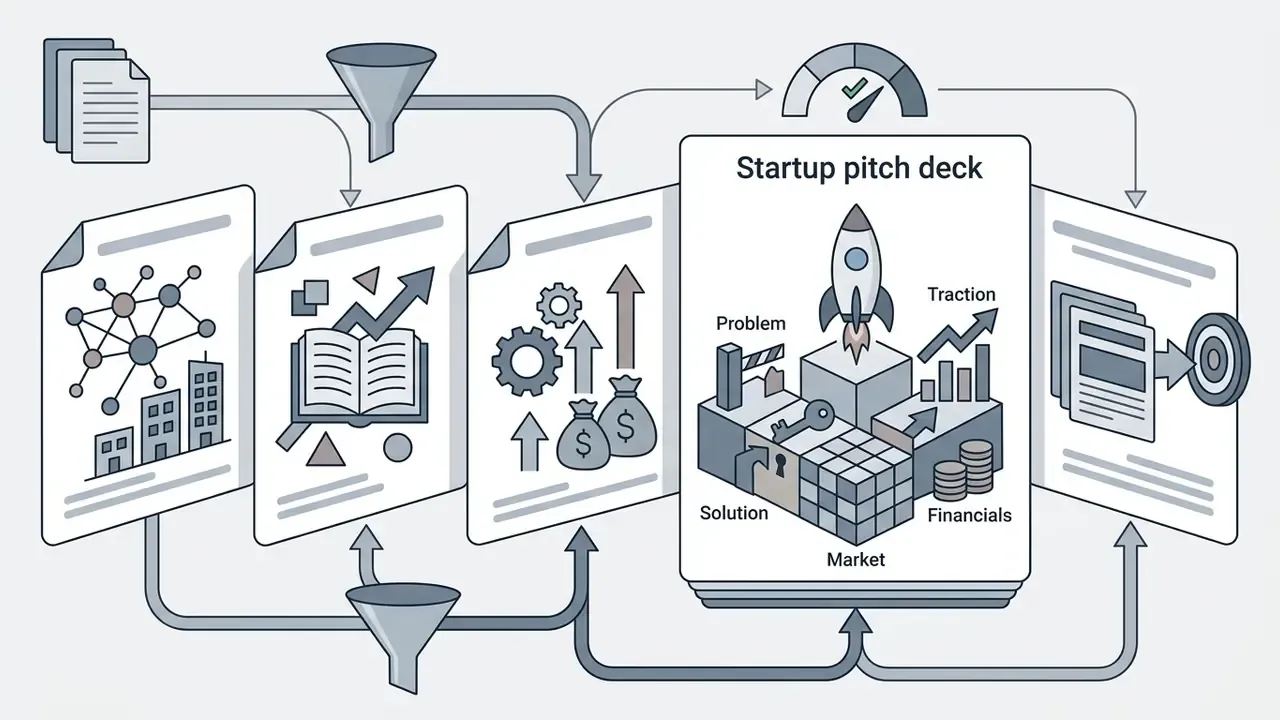 Visual representation of data inputs being synthesized into a structured startup pitch deck presentation